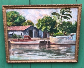 SMALL OIL PAINTING OF BOATS IN A TROPICAL SETTING classic mural painting