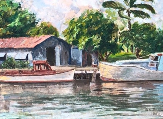 SMALL OIL PAINTING OF BOATS IN A TROPICAL SETTING