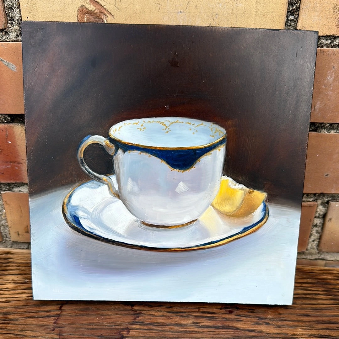 SMALL OIL PAINTING OF CUP WITH LEMONS BY JANICE WOOD classic mural painting