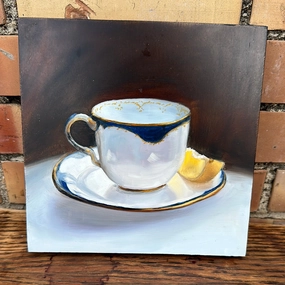 SMALL OIL PAINTING OF CUP WITH LEMONS BY JANICE WOOD classic mural painting