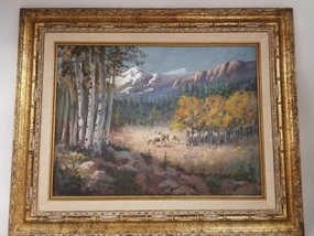 SMALL OIL PAINTING OF DEER AND MOUNTAIN BY JOE R. ROBERTS classic mural painting