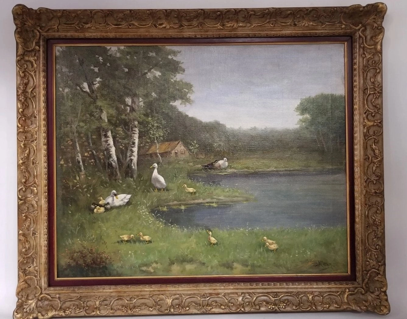 SMALL OIL PAINTING OF DUCKS BY POND by Rieter classic mural painting