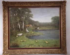 SMALL OIL PAINTING OF DUCKS BY POND by Rieter classic mural painting