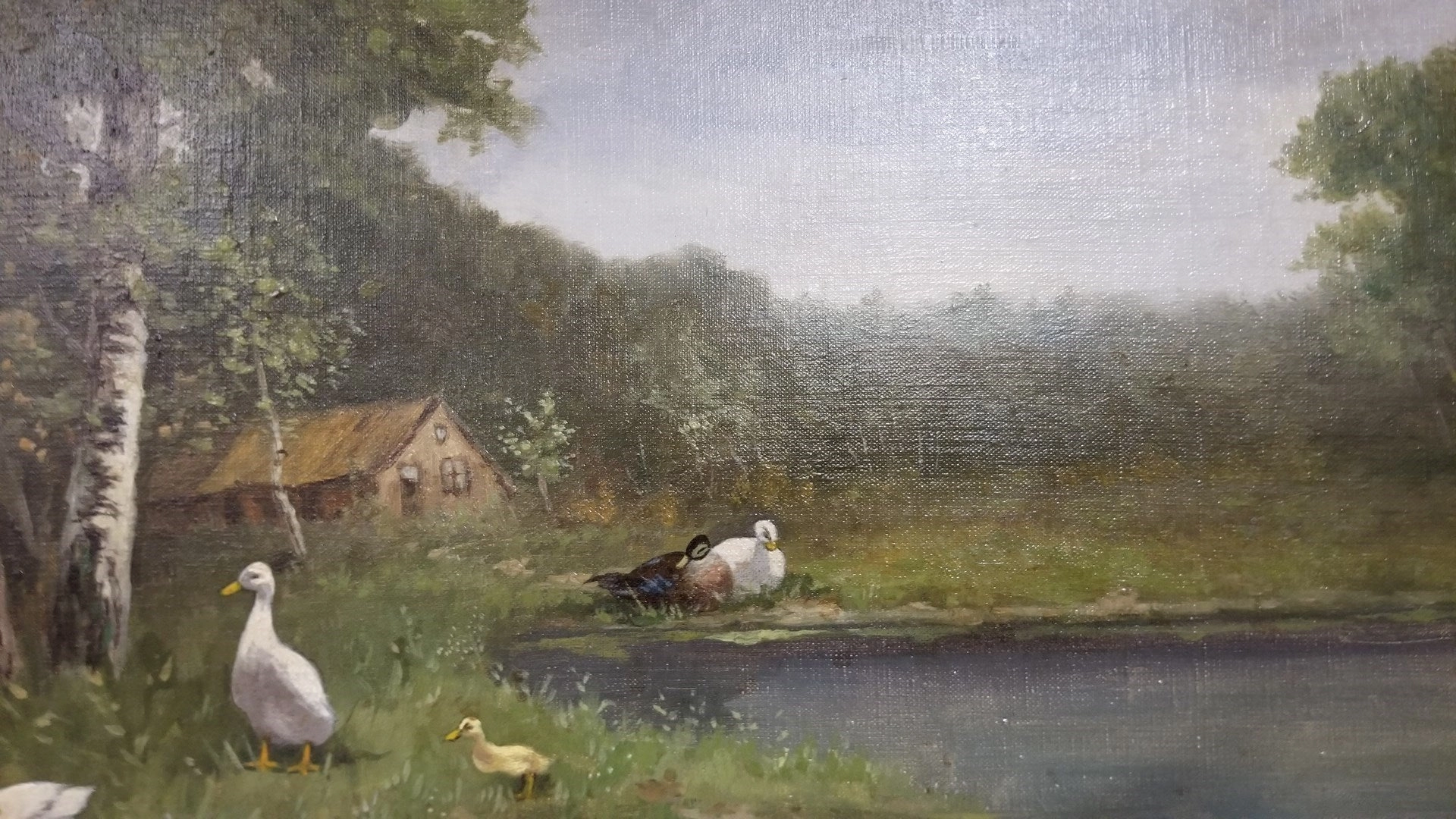 SMALL OIL PAINTING OF DUCKS BY POND by Rieter