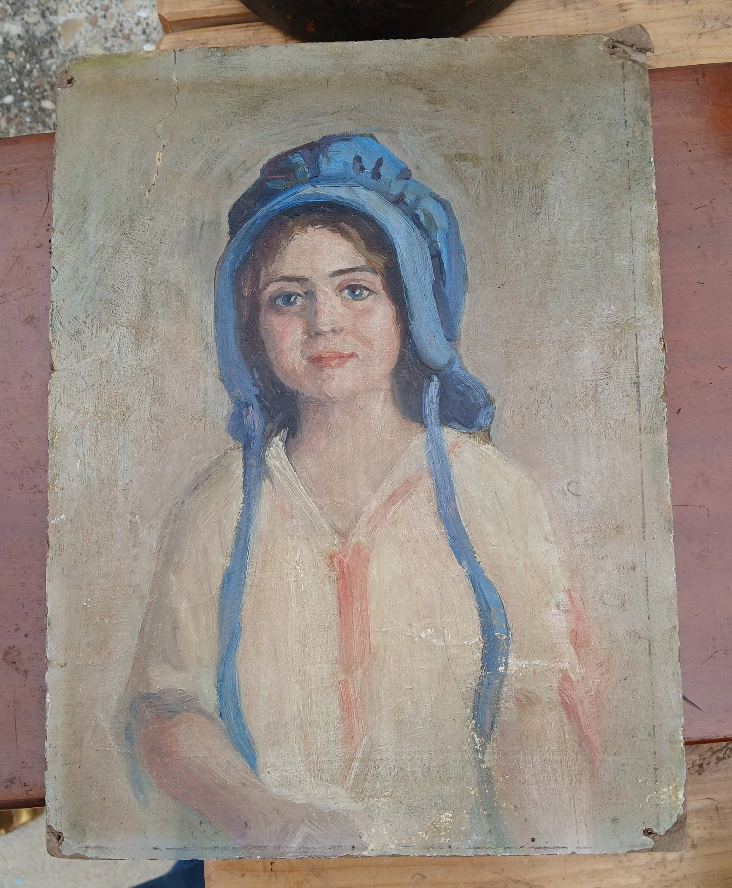 SMALL OIL PAINTING OF GIRL IN BLUE BONNET classic mural painting