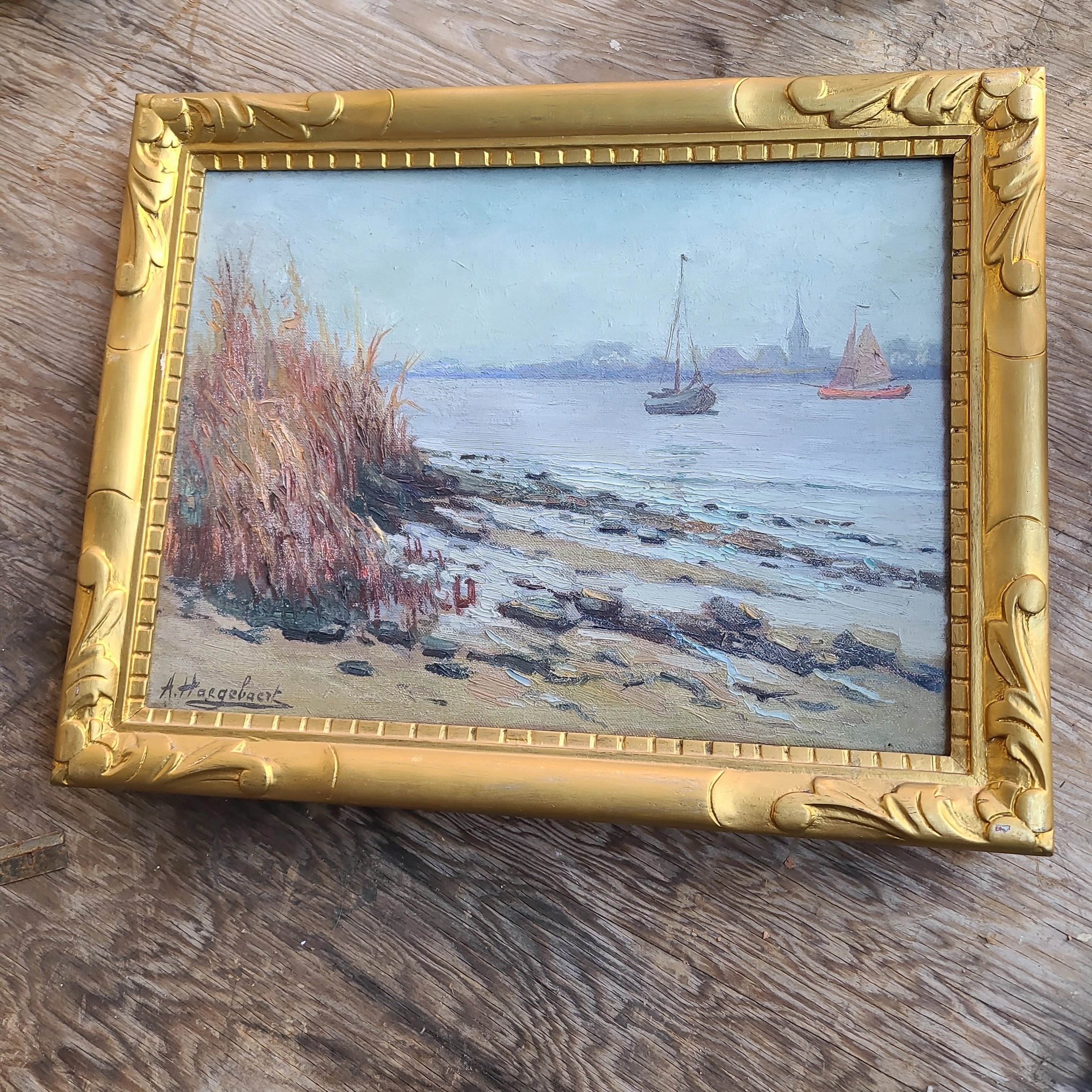 SMALL OIL PAINTING OF HARBOR SHIPS