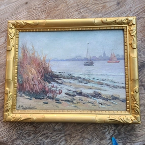 SMALL OIL PAINTING OF HARBOR SHIPS classic mural painting