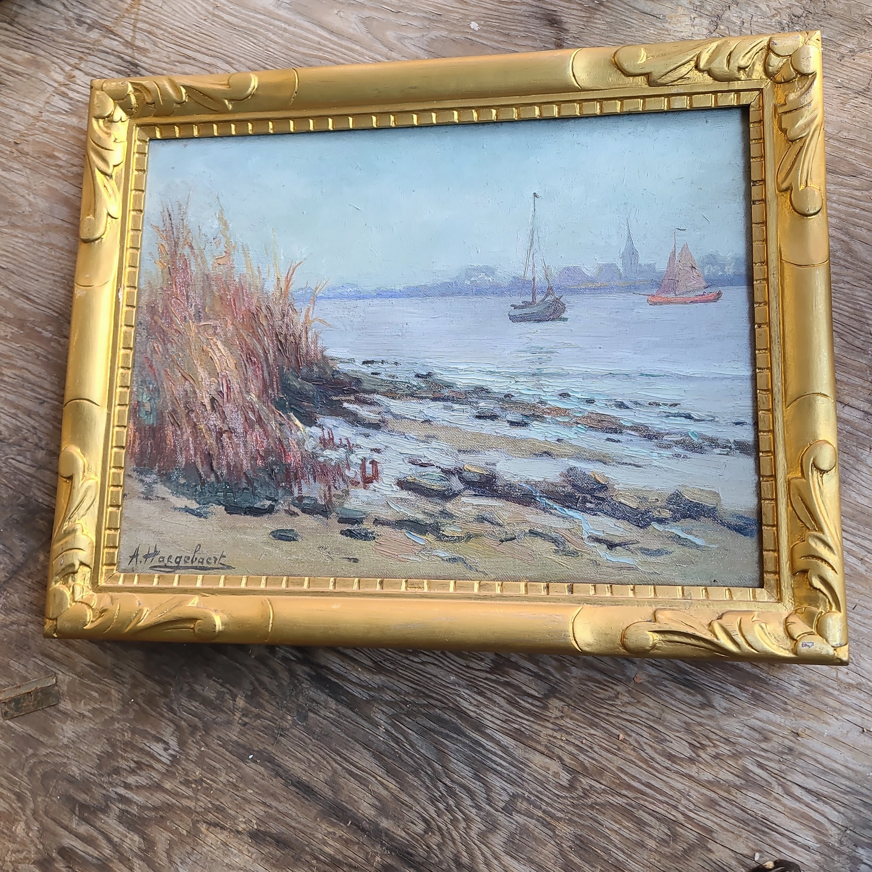 SMALL OIL PAINTING OF HARBOR SHIPS