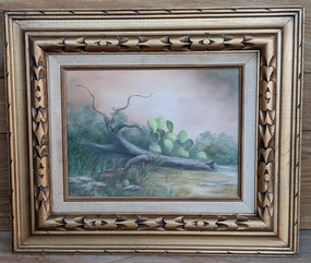 SMALL OIL PAINTING OF PRICKLY PEAR CACTUS AND LOG classic mural painting