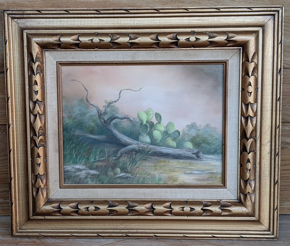 SMALL OIL PAINTING OF PRICKLY PEAR CACTUS AND LOG classic mural painting