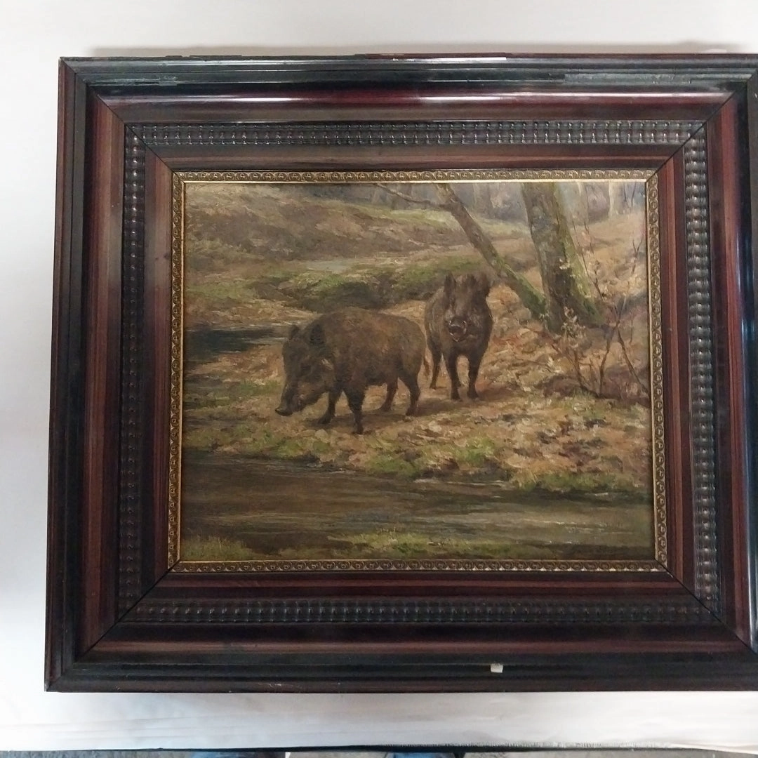 SMALL OIL PAINTING OF WILD BOARS classic mural painting