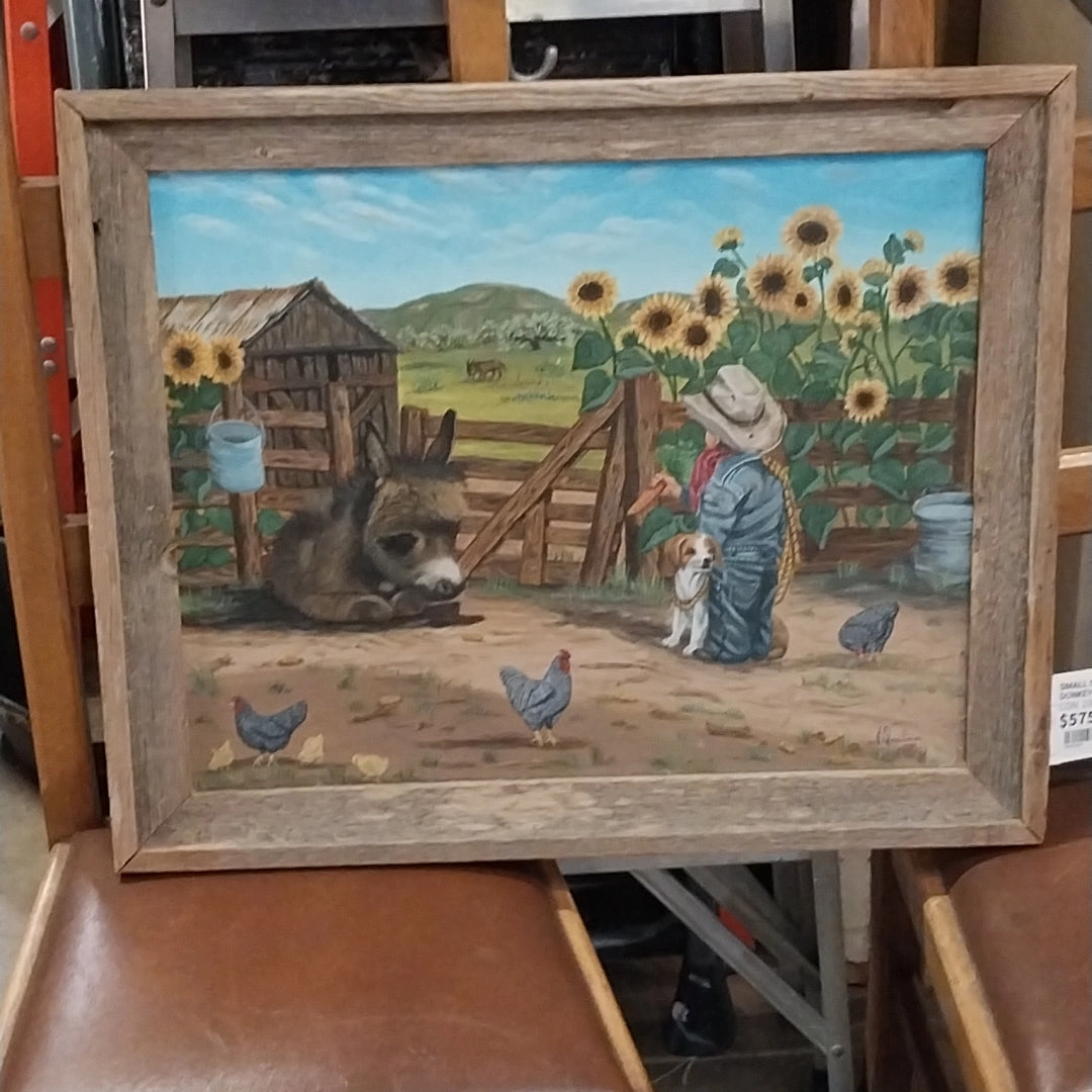 SMALL OIL PAINTING WITH DONKEY AND BOY