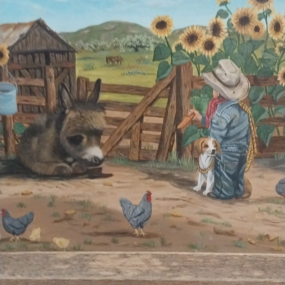 SMALL OIL PAINTING WITH DONKEY AND BOY