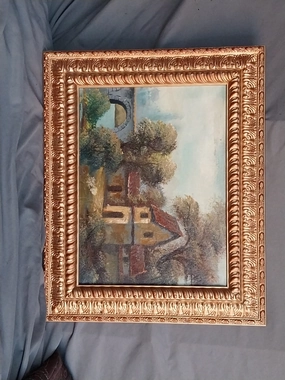 SMALL ORNATE FRAMED COTTAGE OIL PAINTING WITH BRIDGE classic mural painting