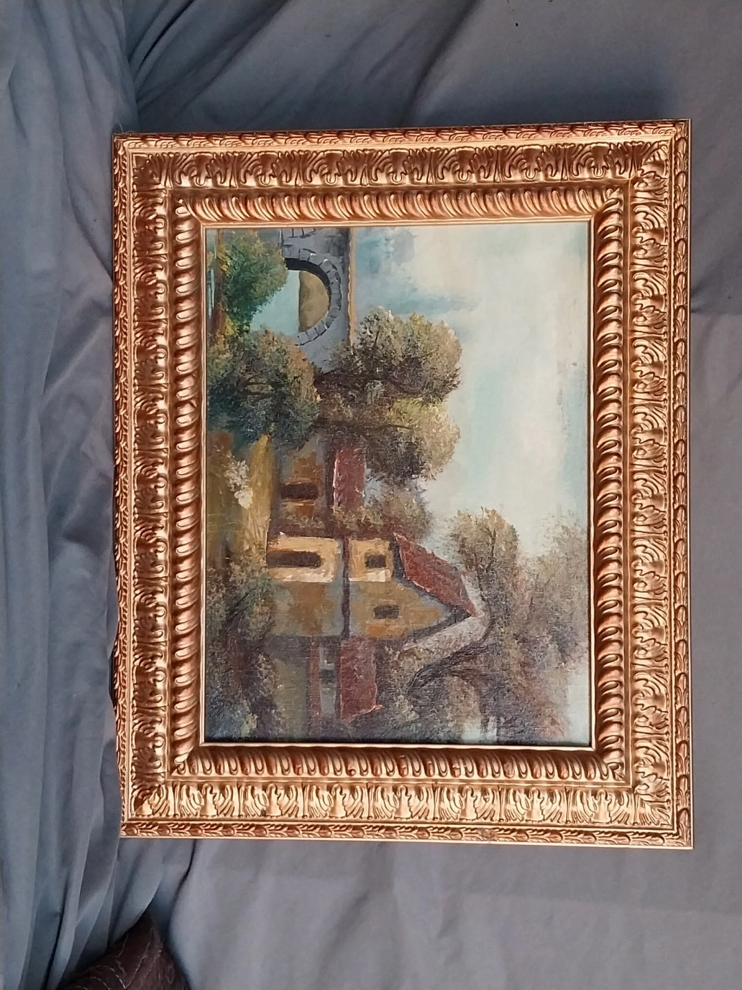 SMALL ORNATE FRAMED COTTAGE OIL PAINTING WITH BRIDGE classic mural painting