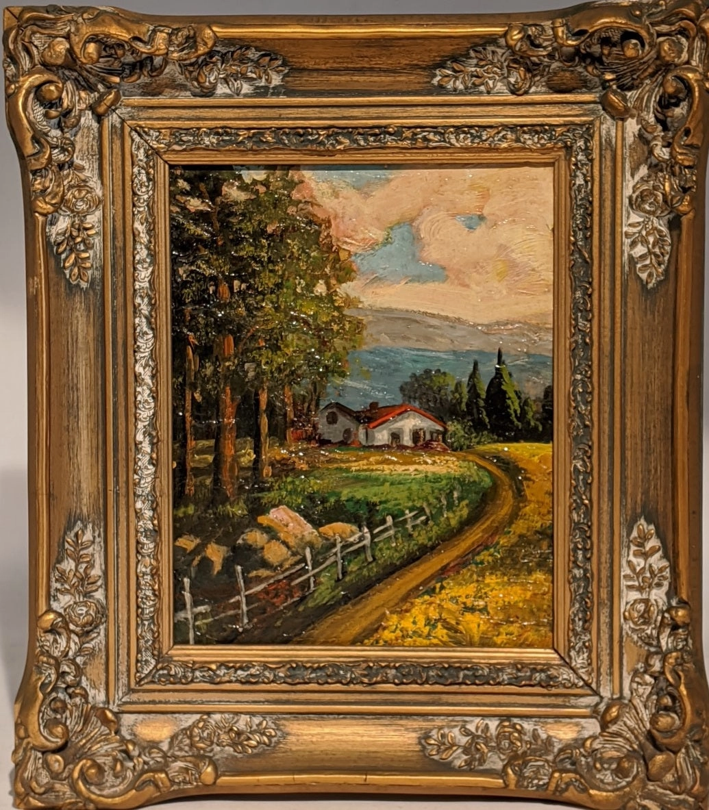 SMALL ORNATELY FRAMED OIL PAINTING OF RED ROOF HOUSE WITH FENCE AND TREES classic mural painting
