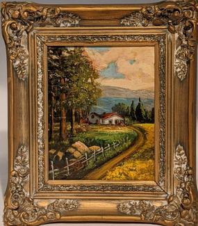 SMALL ORNATELY FRAMED OIL PAINTING OF RED ROOF HOUSE WITH FENCE AND TREES classic mural painting