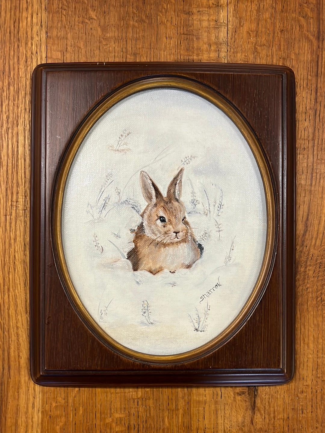 SMALL OVAL INSET FRAMED BUNNY OIL PAINTING SIGNED SHARRON classic mural painting