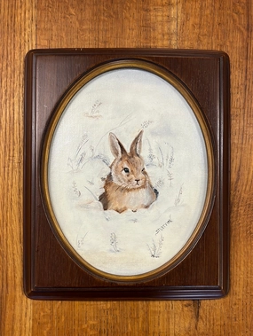 SMALL OVAL INSET FRAMED BUNNY OIL PAINTING SIGNED SHARRON classic mural painting