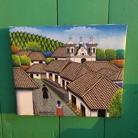 Small painting of honduran village church with priest classic mural painting
