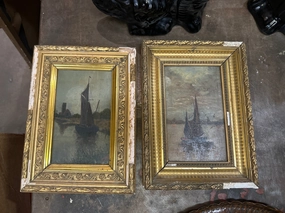 SMALL PAIR OF VERTICAL SAILBOAT OIL PAINTINGS classic mural painting