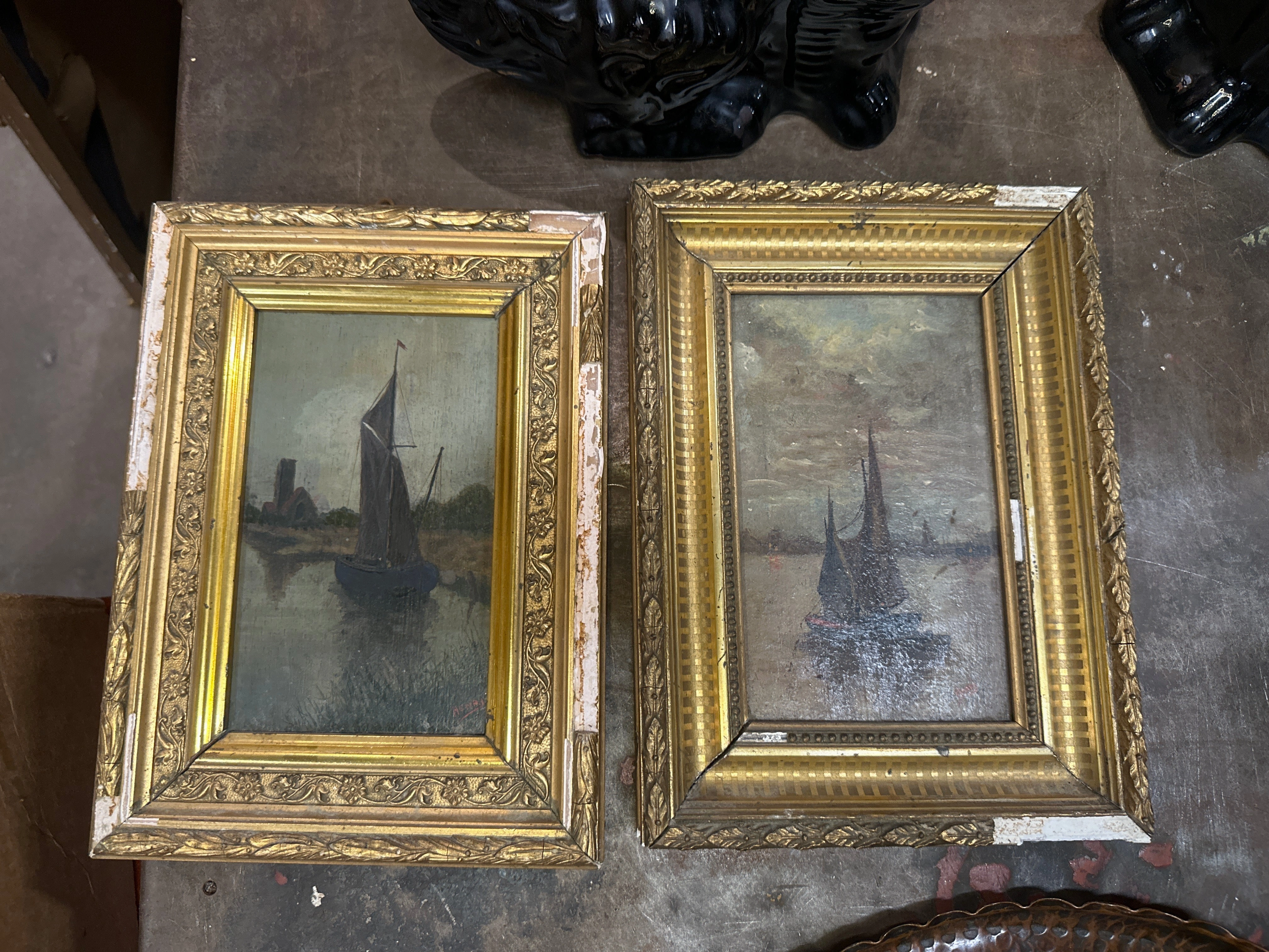 SMALL PAIR OF VERTICAL SAILBOAT OIL PAINTINGS classic mural painting