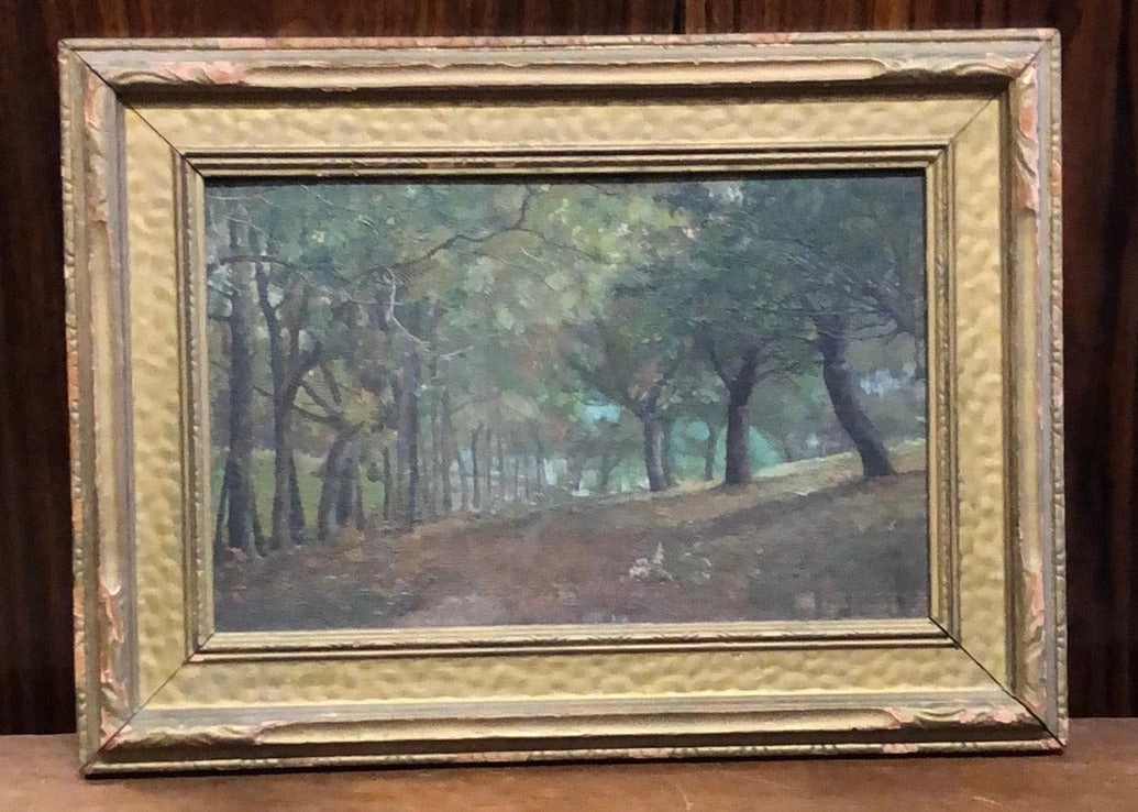 SMALL PRIMITIVE SYLVAN LANDSCAPE OIL PAINTING IN GOLD FRAME classic mural painting