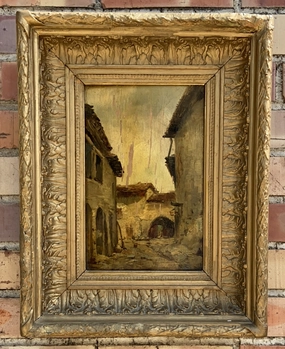 SMALL RECTANGULAR ANTIQUE PAINTING ON BOARD OF VILLAGE SCENE - AS IS classic mural painting