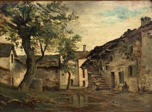 SMALL RECTANGULAR ANTIQUE PAINTING ON BOARD OF VILLAGE SCENE