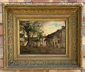 SMALL RECTANGULAR ANTIQUE PAINTING ON BOARD OF VILLAGE SCENE classic mural painting