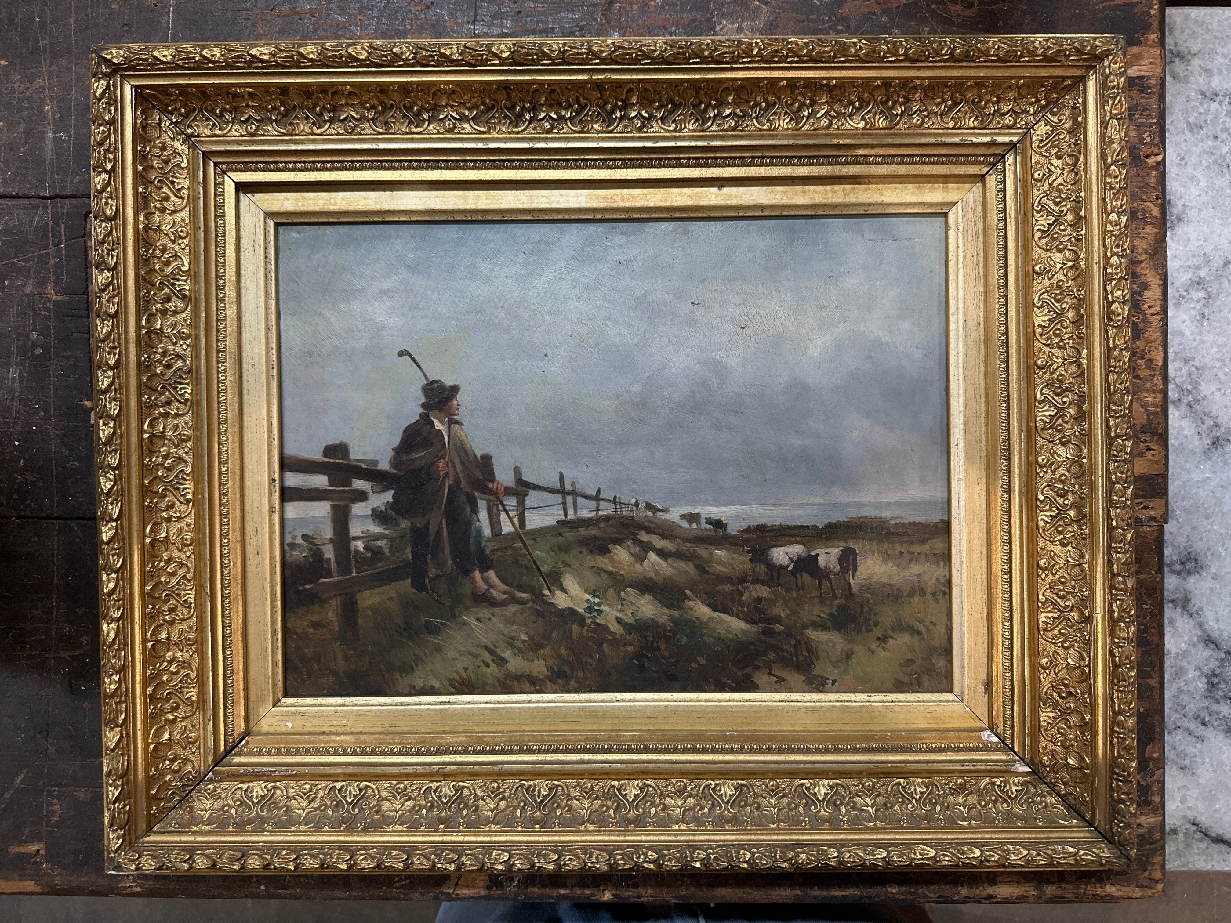SMALL SHEPHERD PAINTING IN GILT FRAME classic mural painting
