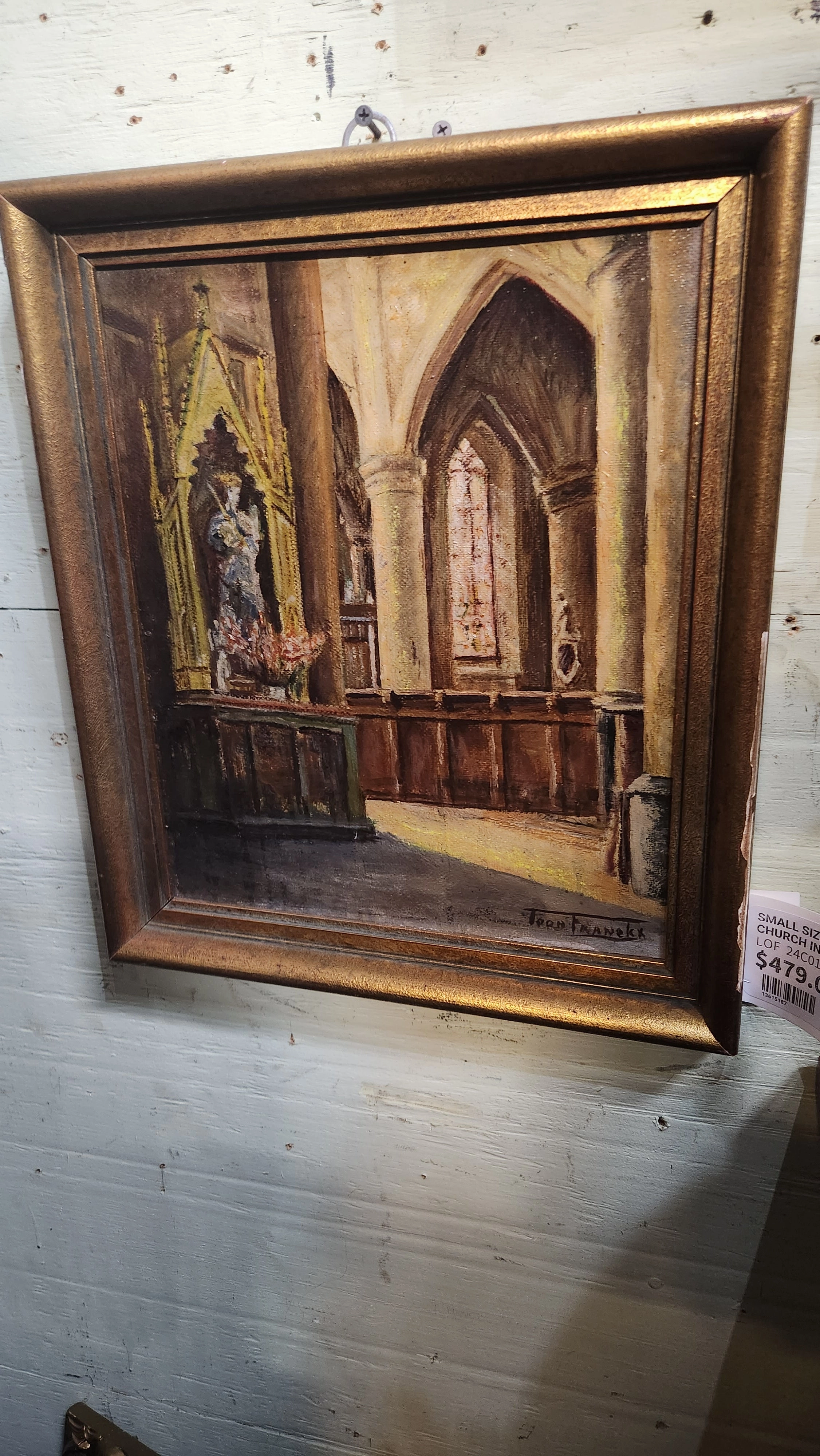 SMALL SIZE OIL PAINTING OF A CHURCH INTERIOR classic mural painting