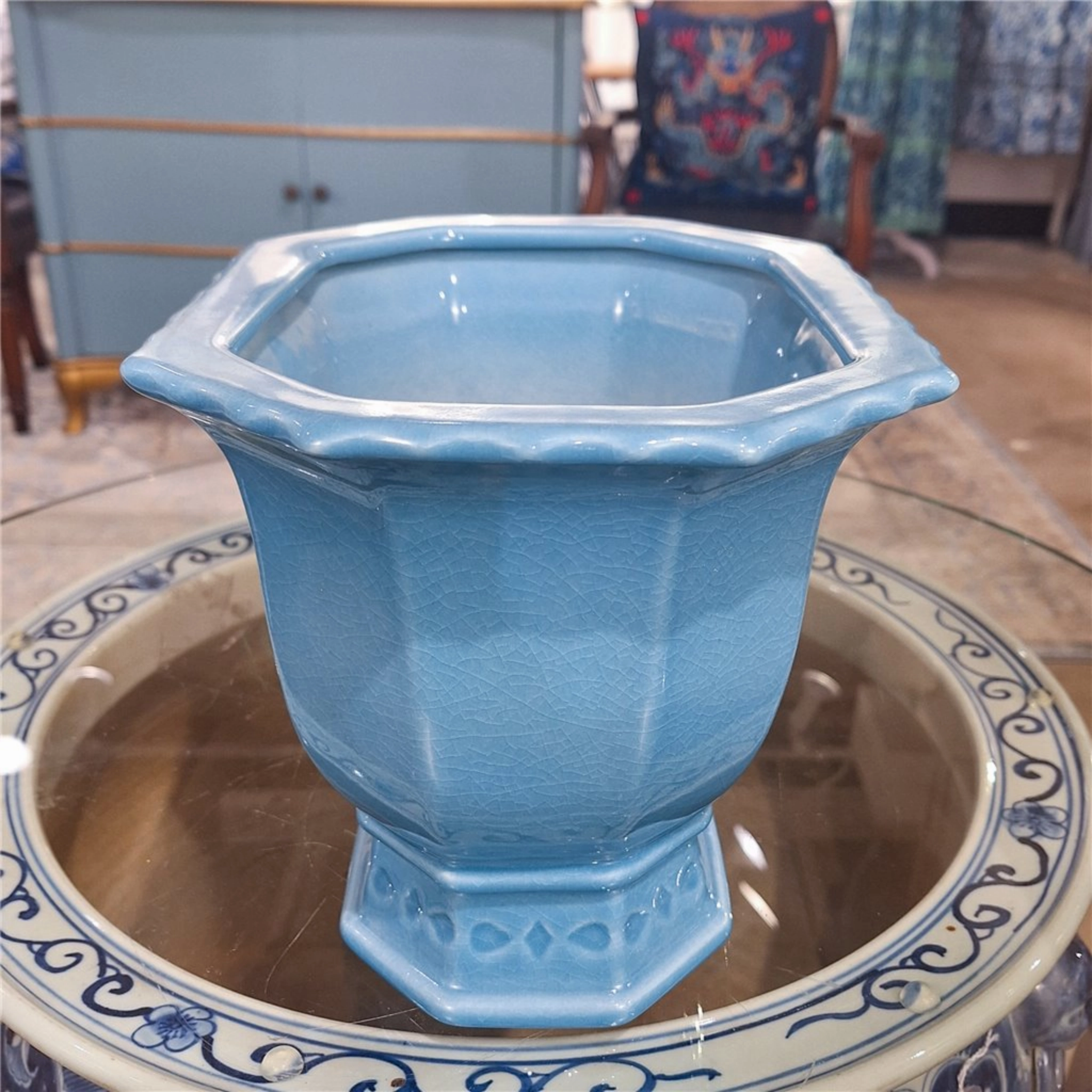 Small Sky Blue Porcelain Octagonal Footed Planter