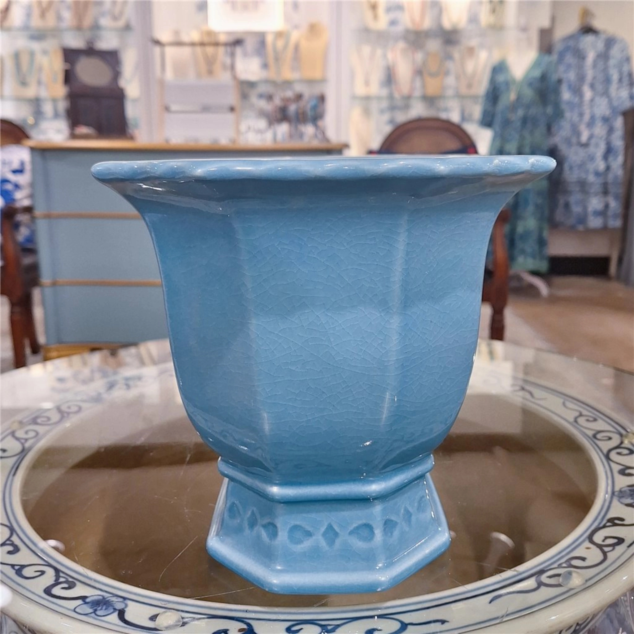 Small Sky Blue Porcelain Octagonal Footed Planter