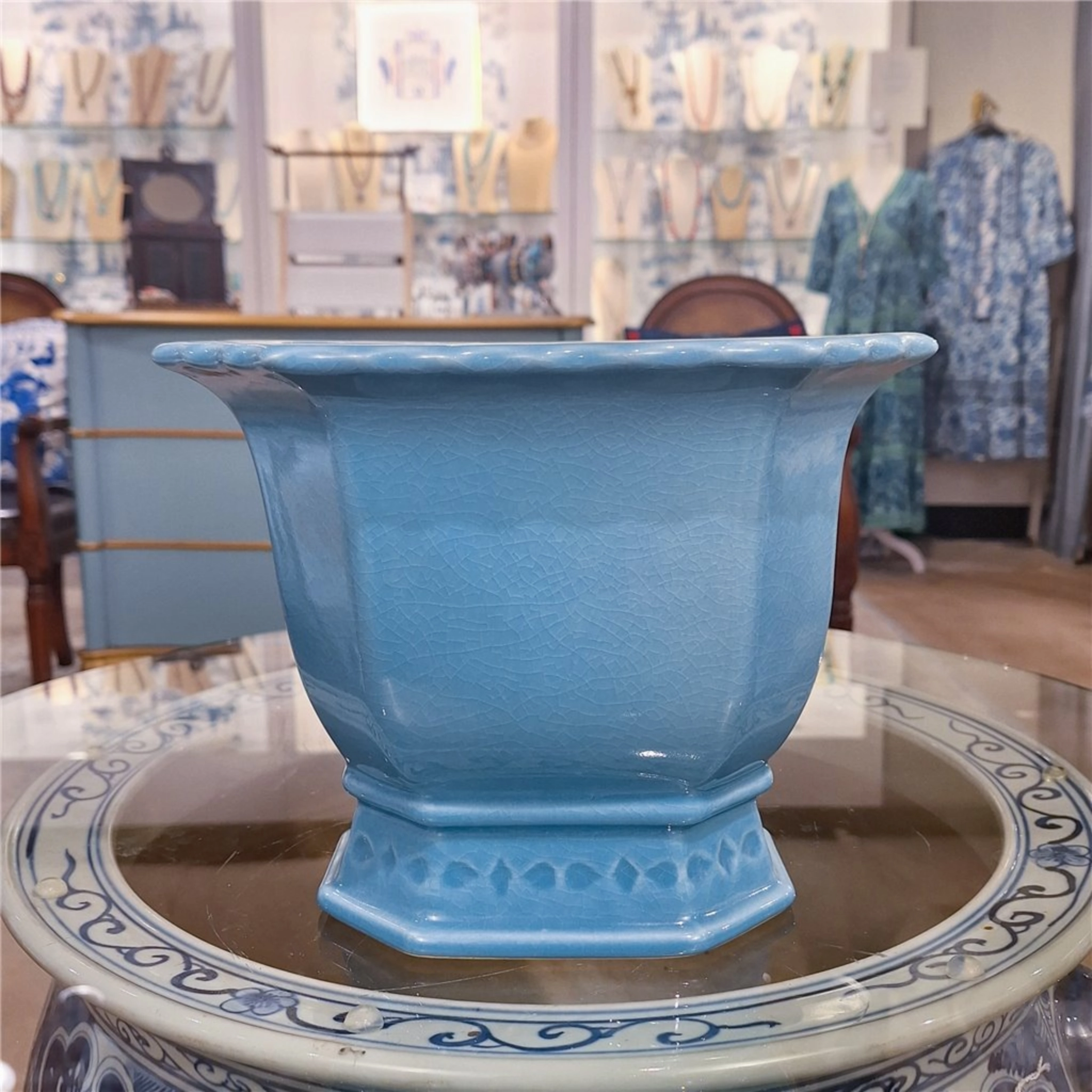 Small Sky Blue Porcelain Octagonal Footed Planter