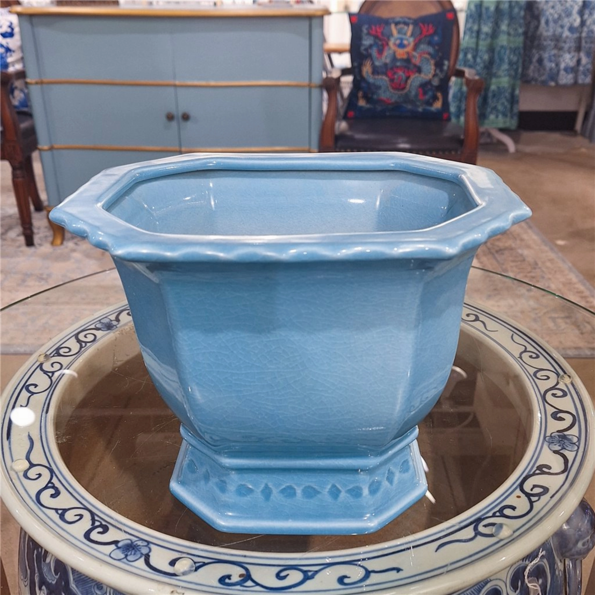 Small Sky Blue Porcelain Octagonal Footed Planter