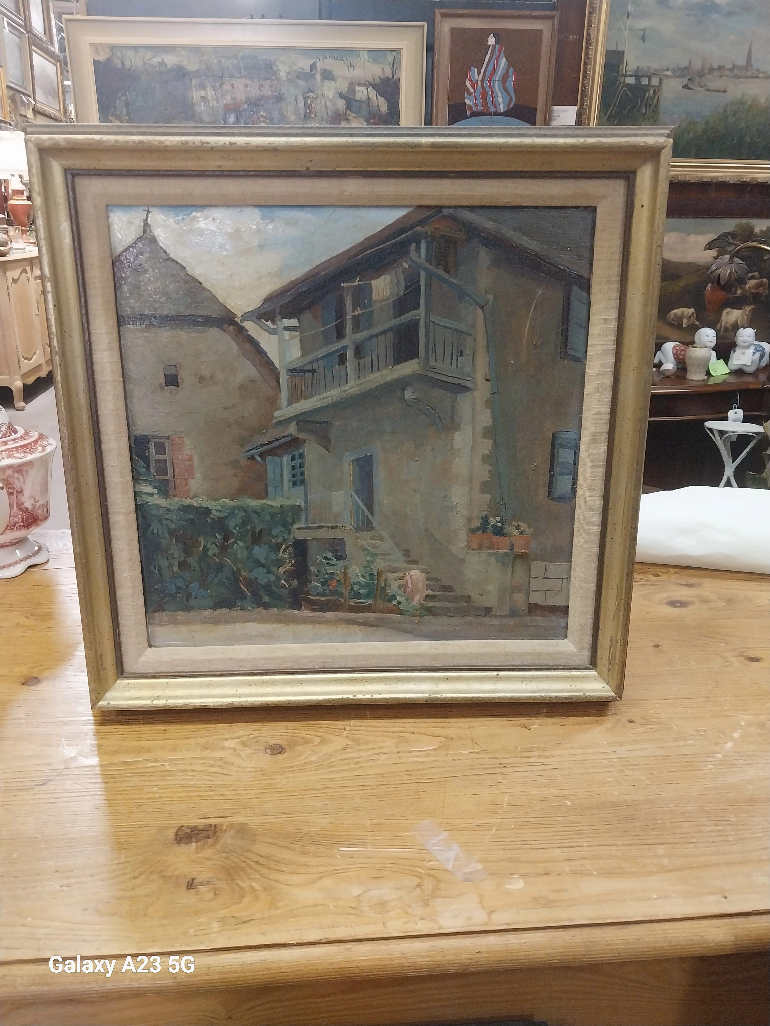 SMALL SQUARE FRAMED OIL PAINTING OF A BUILDING classic mural painting