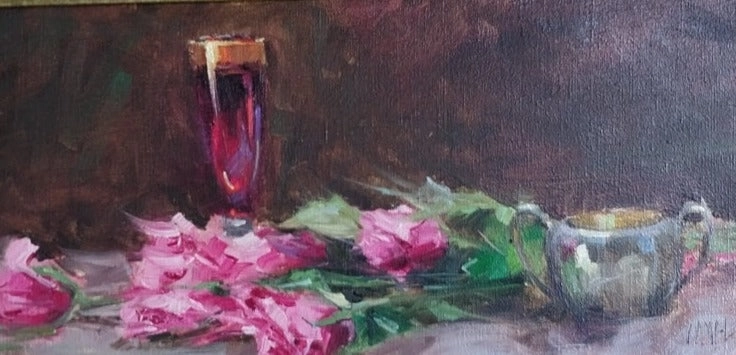 SMALL STILL LIFE OIL PAINTING WITH ROSES