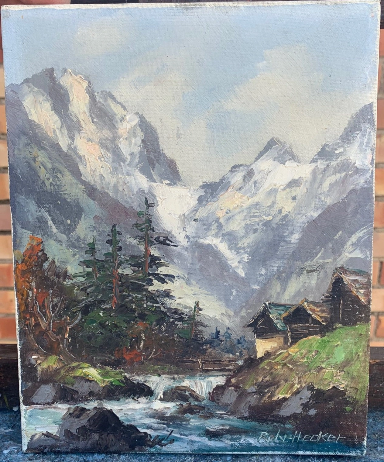 SMALL UNFRAMED BAVARIAN MOUNTIANS WITH FALLS AND HOUSES PAINTING BY R. HECKER classic mural painting