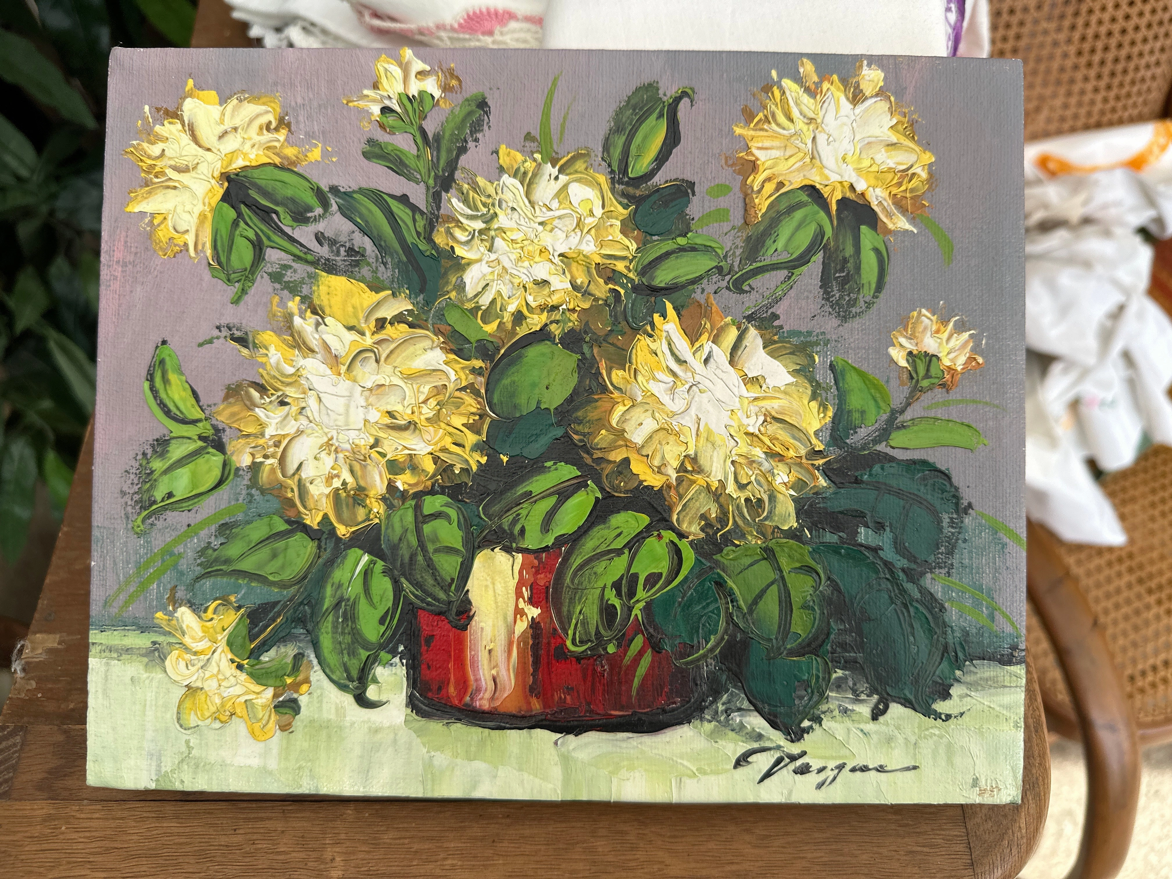 SMALL UNFRAMED IMPASTO OIL PAINTING OF FLOWERS BY VARGUS classic mural painting