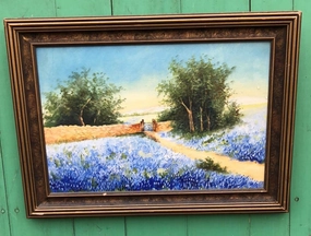SMALL UNSIGNED BLUEBONNETS AND A FENCE OIL PAINTING UNSIGNED classic mural painting