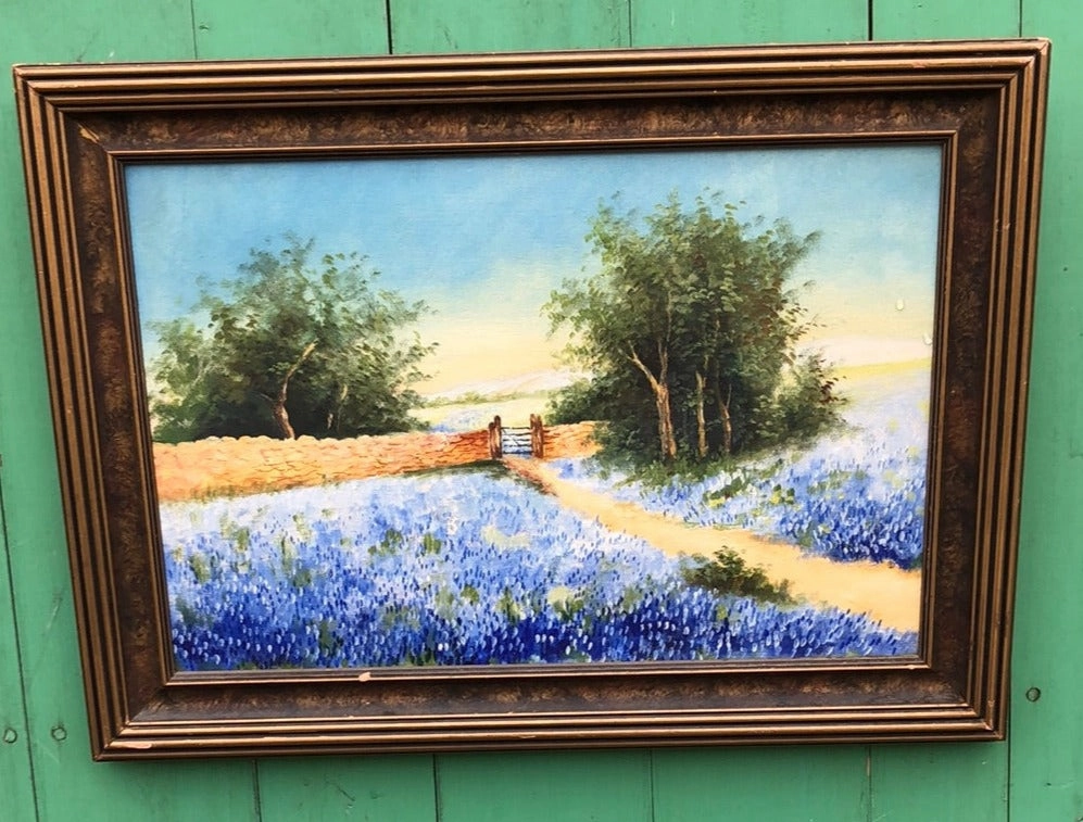 SMALL UNSIGNED BLUEBONNETS AND A FENCE OIL PAINTING UNSIGNED classic mural painting