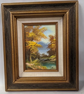 SMALL VERTICAL FOREST OIL PAINTING IN BROWN FRAME classic mural painting