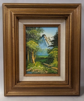 SMALL VERTICAL MOUNTAIN OIL PAINTING IN BROWN FRAME classic mural painting