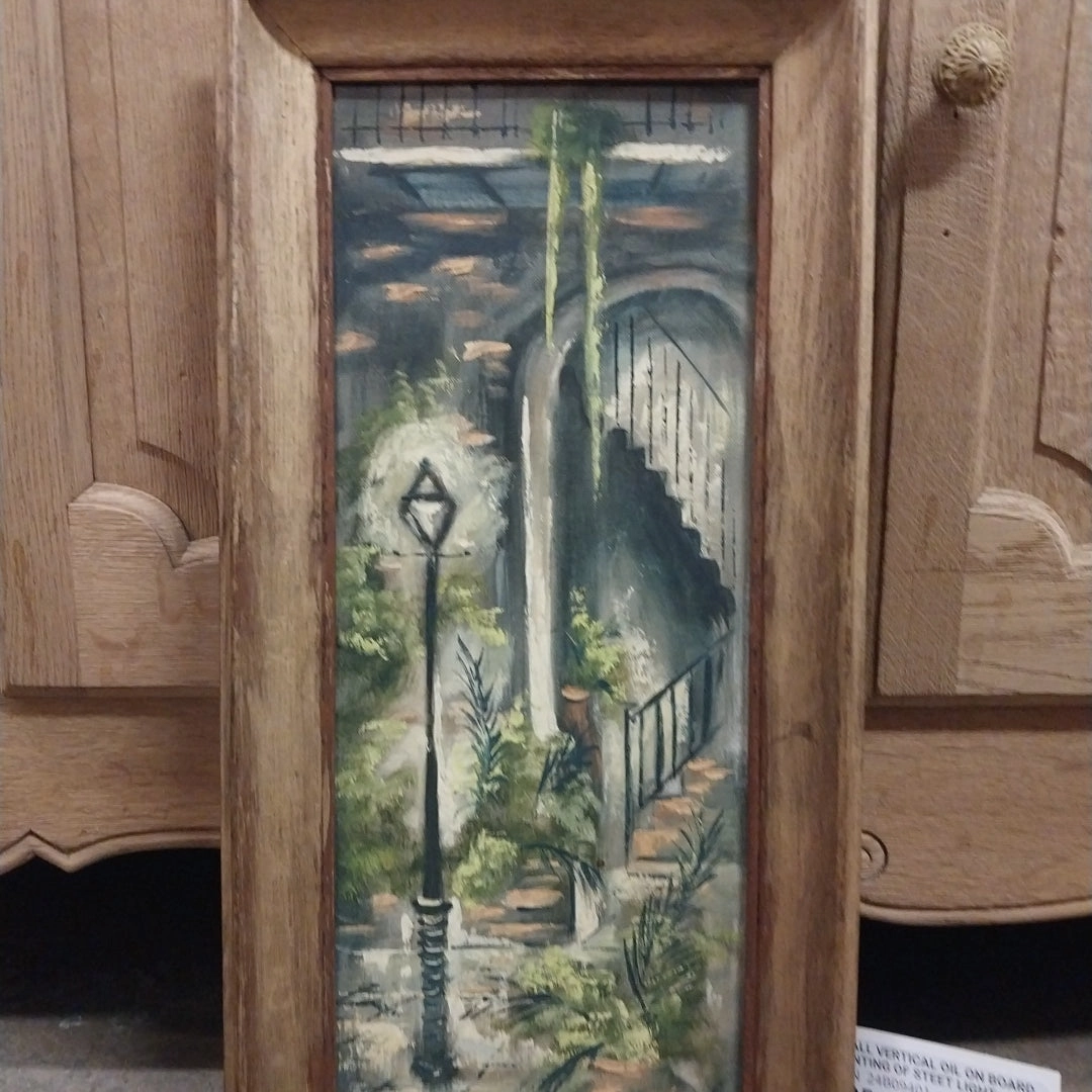 SMALL VERTICAL OIL ON BOARD PAINTING OF STEET LIGHT classic mural painting