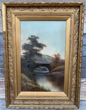 SMALL VERTICAL OIL PAINTING OF BRIDGE IN GOLD FRAME classic mural painting