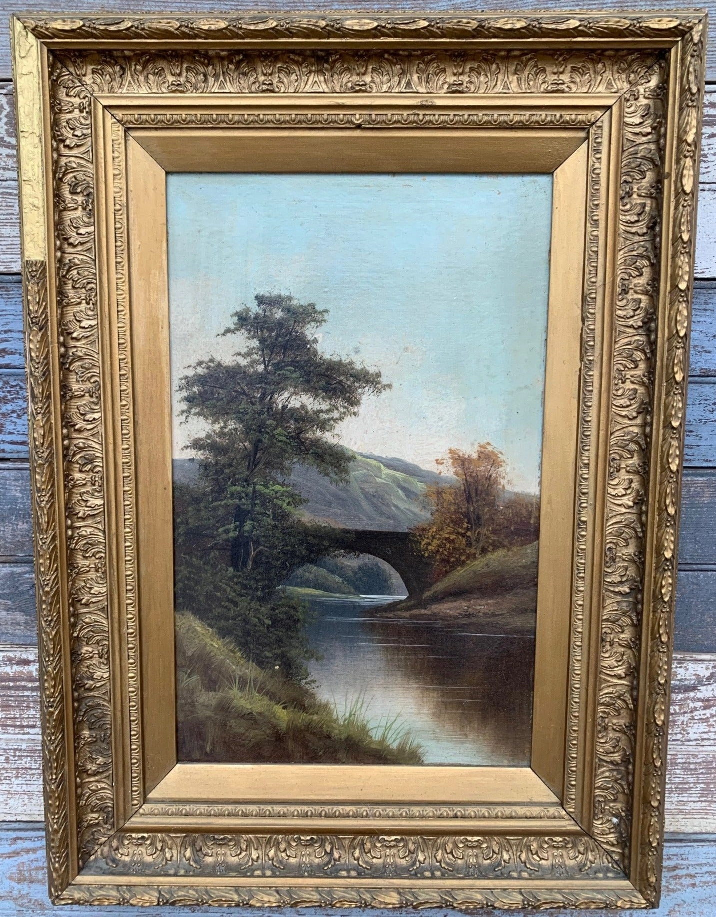 SMALL VERTICAL OIL PAINTING OF BRIDGE IN GOLD FRAME classic mural painting