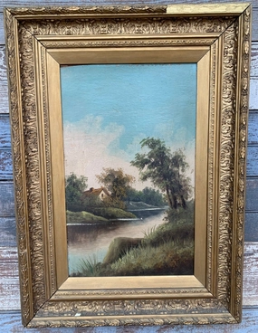SMALL VERTICAL OIL PAINTING OF RIVER AND HOUSE IN GOLD FRAME classic mural painting