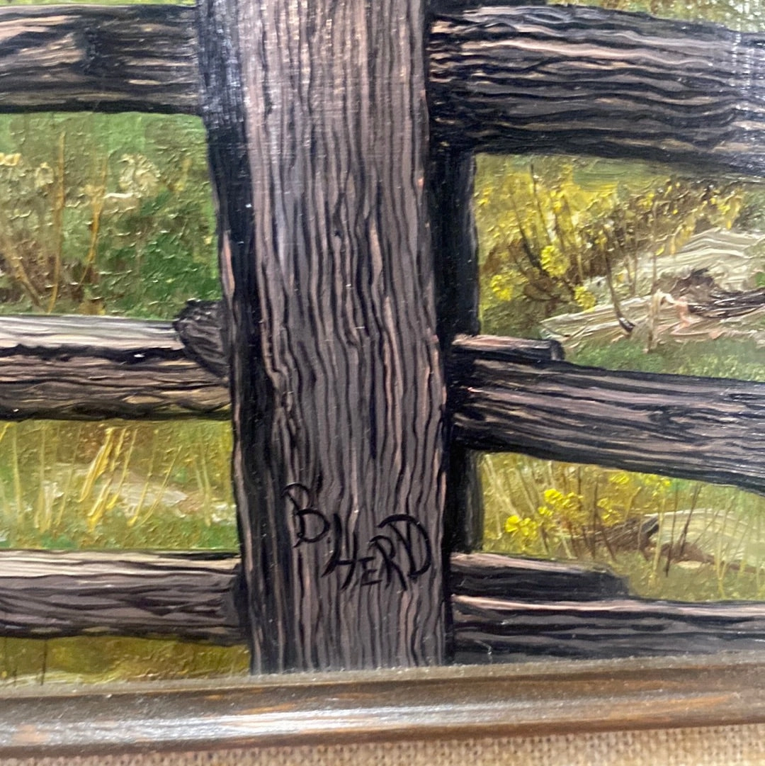 SMALL VERTICAL OIL PAINTING ON BOARD "B.HERD SPRINGTIME 1975