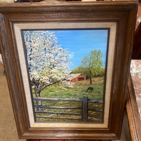 SMALL VERTICAL OIL PAINTING ON BOARD "B.HERD SPRINGTIME 1975 classic mural painting